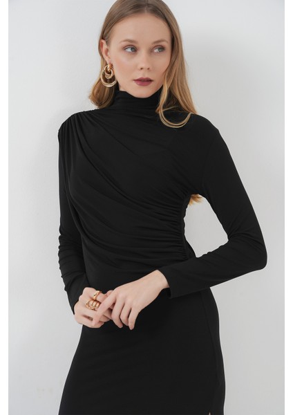 2522 Yırtmaçlı Drapeli Elbise - Siyah indirimleri