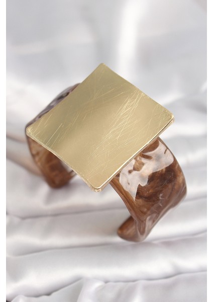 Kahverengi Mermer Desen Akrilik Plastik Gold Kare Plaka Model Vintage Kadın Bilezik