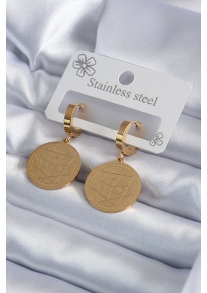 316L Çelik Gold Renk Pentagram İşleme Model Kadın Küpe