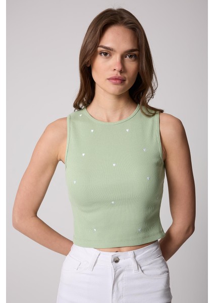 Kadın Crop Atlet Fitilli Görünümlü Kalp Nakışlı Mint Yeşili - 2506