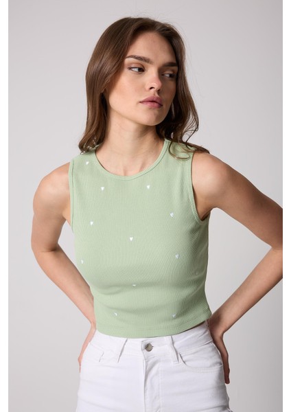 Kadın Crop Atlet Fitilli Görünümlü Kalp Nakışlı Mint Yeşili - 2506