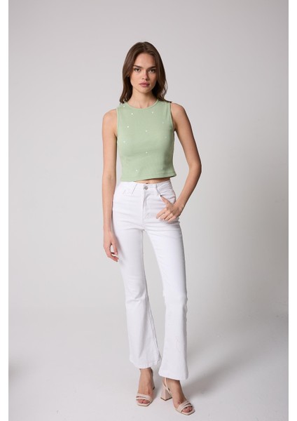 Kadın Crop Atlet Fitilli Görünümlü Kalp Nakışlı Mint Yeşili - 2506
