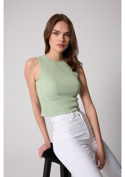 Kadın Crop Atlet Fitilli Görünümlü Kalp Nakışlı Mint Yeşili - 2506