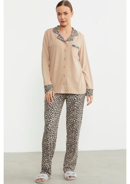 Leopar Kombinli Gömlek Pijama Takım - Bej fiyatları