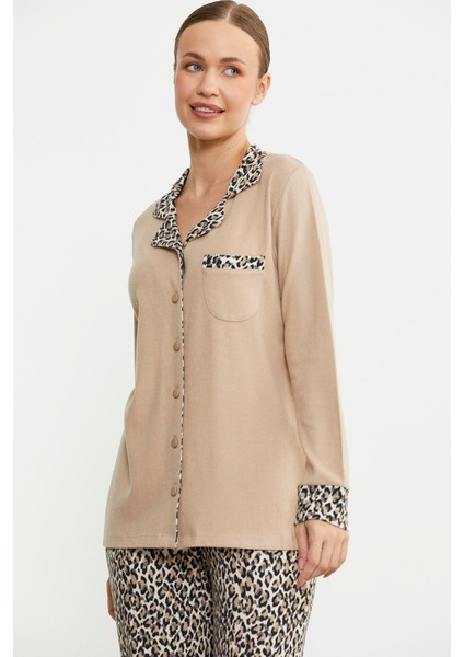 Leopar Kombinli Gömlek Pijama Takım - Bej fırsatları