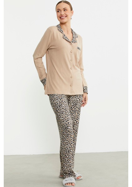 Leopar Kombinli Gömlek Pijama Takım - Bej indirimleri