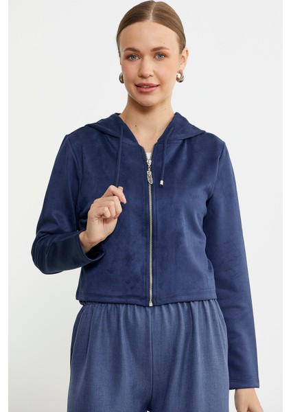 Süet Görünümlü Fermuarlı Kısa Mont - Lacivert