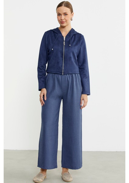 Süet Görünümlü Fermuarlı Kısa Mont - Lacivert modelleri