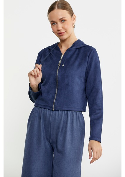 Süet Görünümlü Fermuarlı Kısa Mont - Lacivert fırsatları