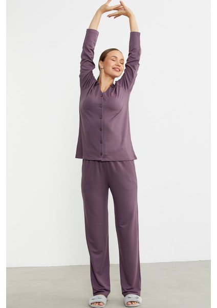 Gömlek Model Nakışlı Pijama Takım - Mor