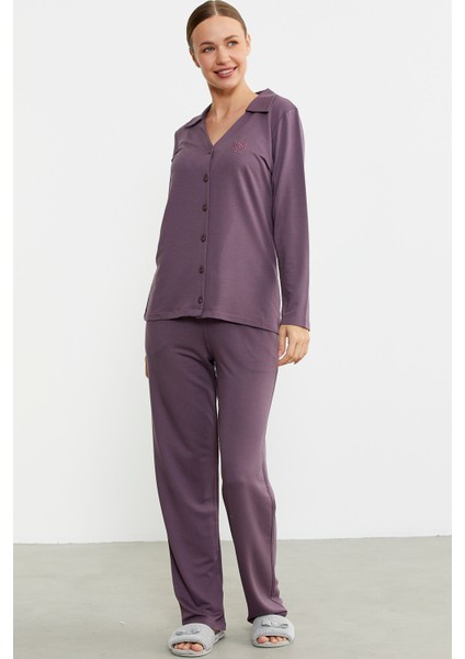Gömlek Model Nakışlı Pijama Takım - Mor fiyatları