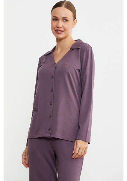 Gömlek Model Nakışlı Pijama Takım - Mor modelleri