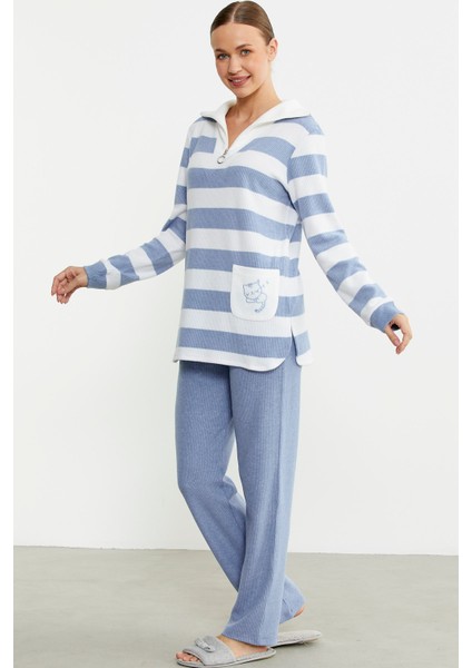 Kalın Çizgi Detaylı Pijama Takım - Mavi
