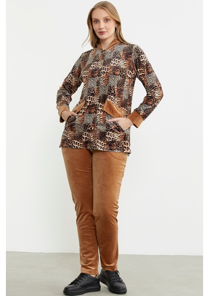 Leopar Desenli Tunik Kadife Takım - Kamel