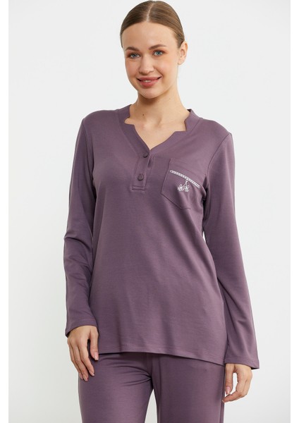 Yarım Düğmeli Cep Detaylı Pijama Takım - Mor