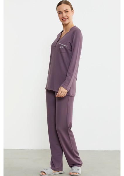 Yarım Düğmeli Cep Detaylı Pijama Takım - Mor fırsatları