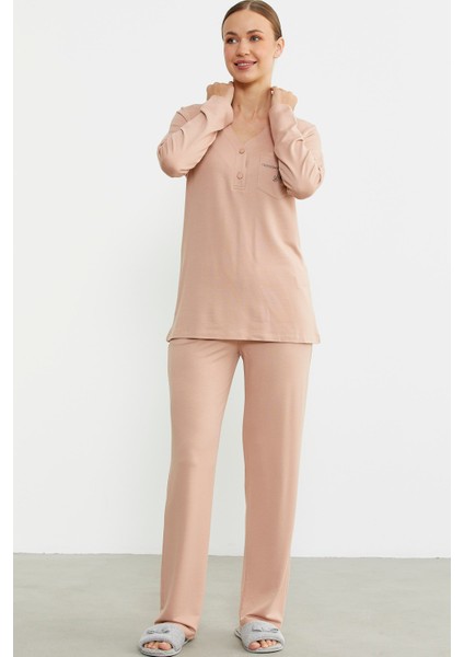 Yarım Düğmeli Cep Detaylı Pijama Takım - Somon