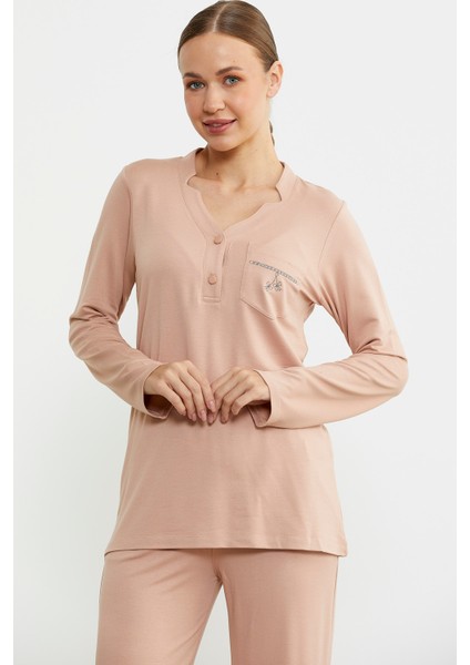 Yarım Düğmeli Cep Detaylı Pijama Takım - Somon