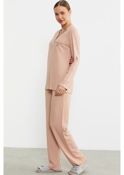 Yarım Düğmeli Cep Detaylı Pijama Takım - Somon