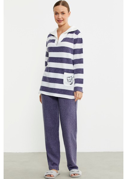 Kalın Çizgi Detaylı Pijama Takım - Mor