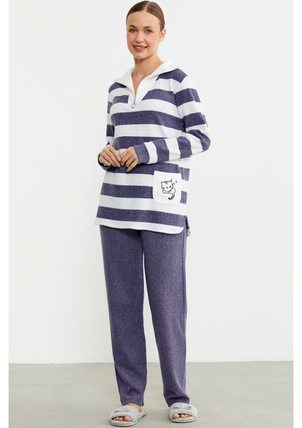 Kalın Çizgi Detaylı Pijama Takım - Mor fiyatları