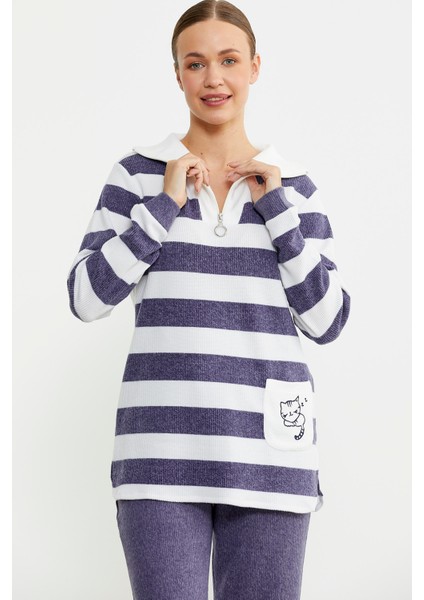 Kalın Çizgi Detaylı Pijama Takım - Mor fırsatları