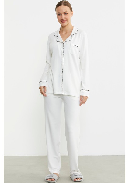 Düz Renk Gömlek Model Pijama Takım - Kemik