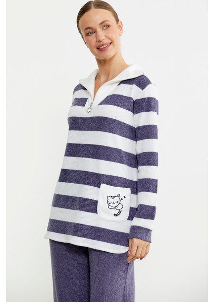 Kalın Çizgi Detaylı Pijama Takım - Mor modelleri