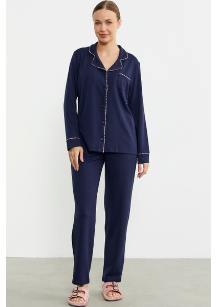 Düz Renk Gömlek Model Pijama Takım - Lacivert
