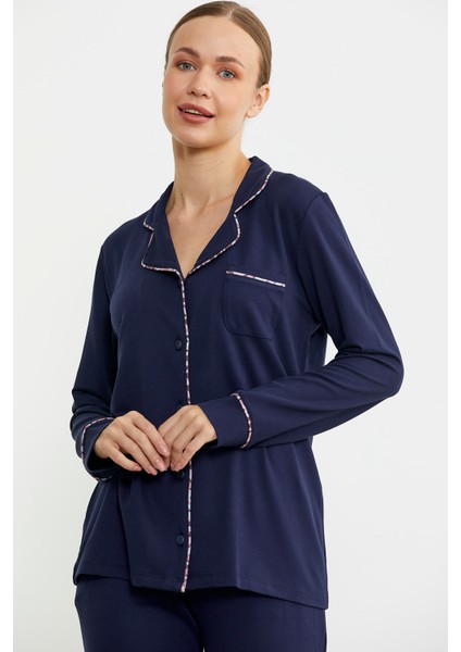 Düz Renk Gömlek Model Pijama Takım - Lacivert