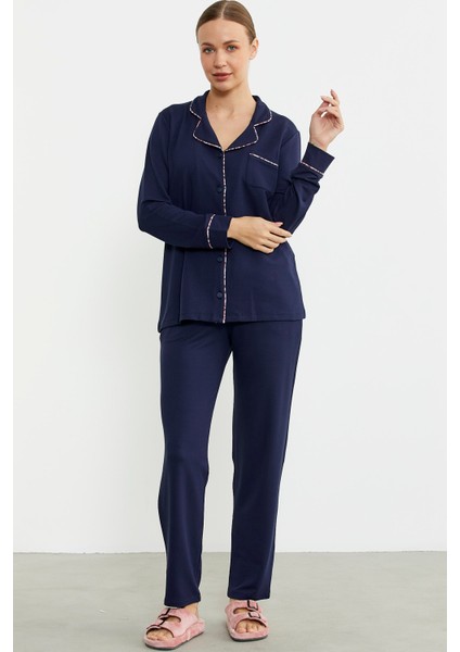 Düz Renk Gömlek Model Pijama Takım - Lacivert