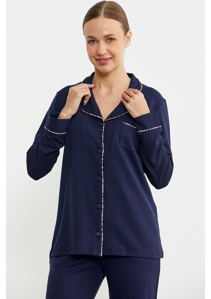 Düz Renk Gömlek Model Pijama Takım - Lacivert