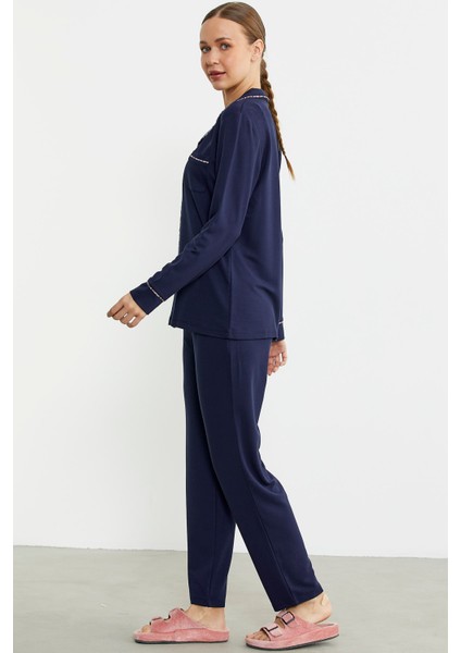 Düz Renk Gömlek Model Pijama Takım - Lacivert