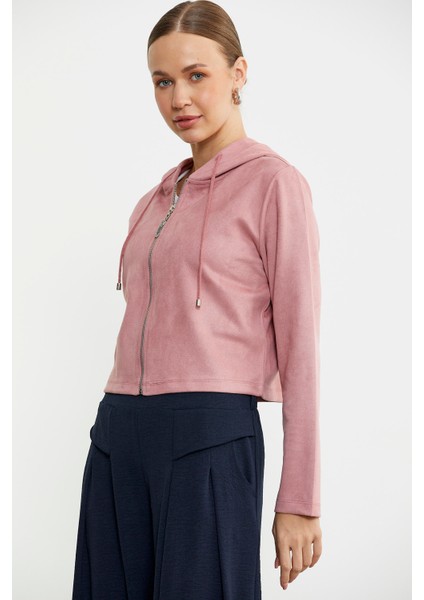 Süet Görünümlü Fermuarlı Kısa Mont - Pudra fırsatları