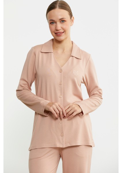 Gömlek Model Nakışlı Pijama Takım - Somon