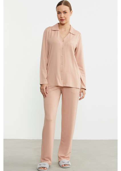 Gömlek Model Nakışlı Pijama Takım - Somon fiyatları