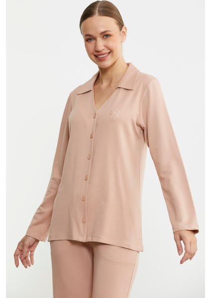 Gömlek Model Nakışlı Pijama Takım - Somon modelleri