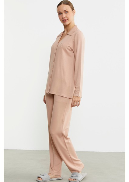 Gömlek Model Nakışlı Pijama Takım - Somon fırsatları