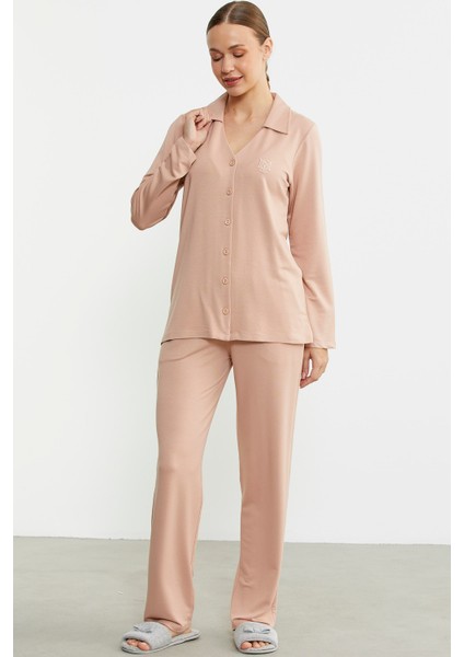 Gömlek Model Nakışlı Pijama Takım - Somon indirimleri