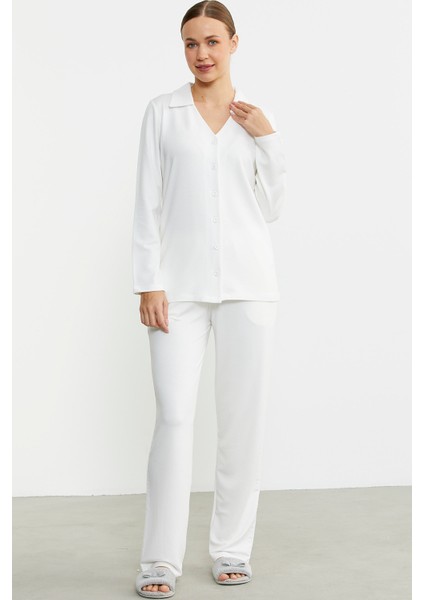 Gömlek Model Nakışlı Pijama Takım - Ekru