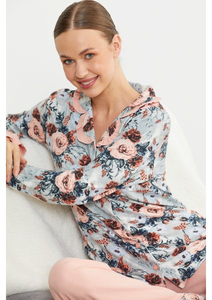 Yumuşak Dokulu Düğmeli Pijama Takım - Somon