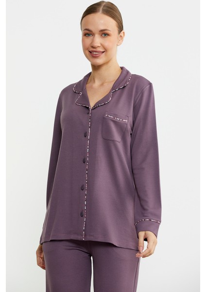 Düz Renk Gömlek Model Pijama Takım - Mor