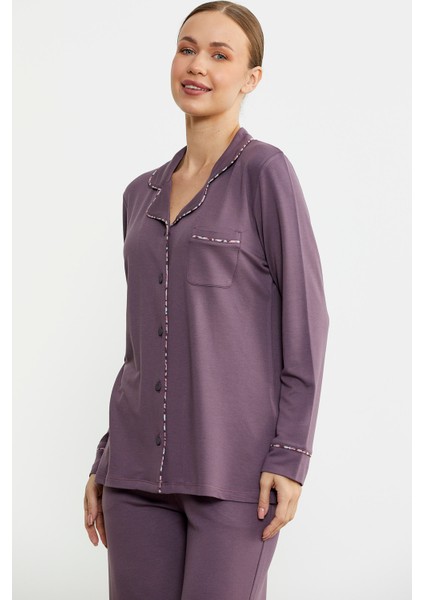 Düz Renk Gömlek Model Pijama Takım - Mor fiyatları