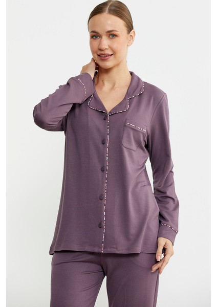 Düz Renk Gömlek Model Pijama Takım - Mor modelleri