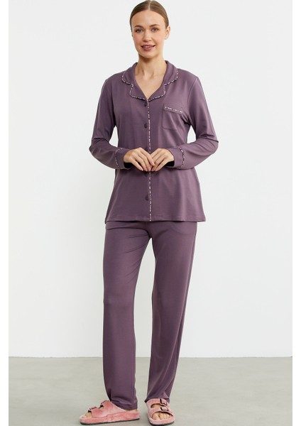 Düz Renk Gömlek Model Pijama Takım - Mor fırsatları