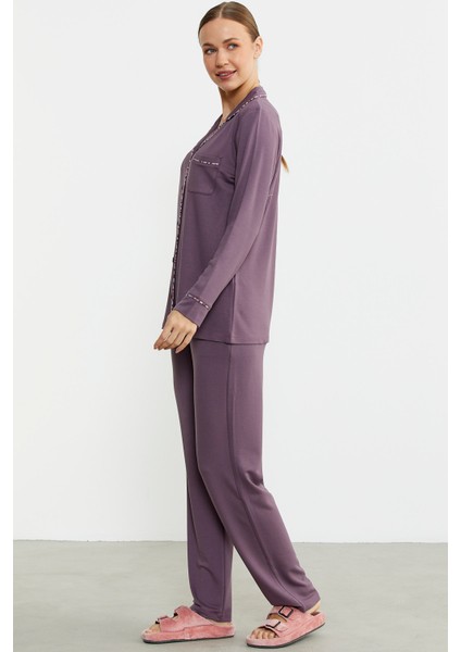 Düz Renk Gömlek Model Pijama Takım - Mor indirimleri
