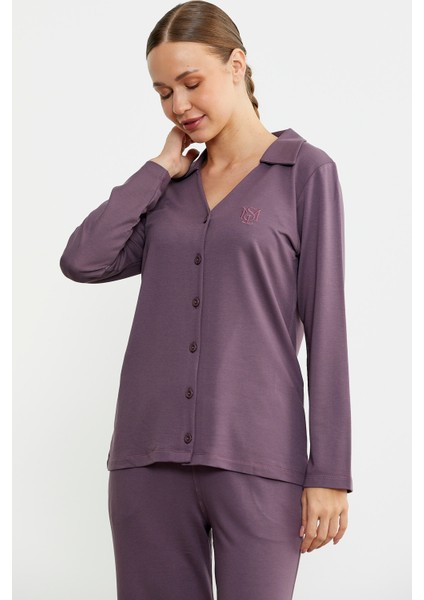 Gömlek Model Nakışlı Pijama Takım - Mor