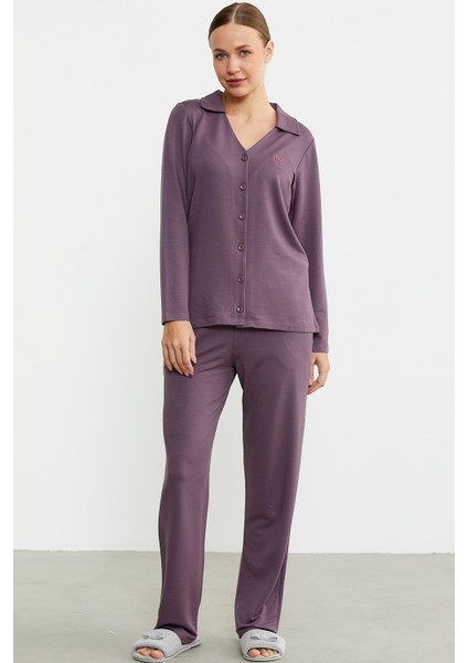 Gömlek Model Nakışlı Pijama Takım - Mor