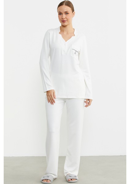 Yarım Düğmeli Cep Detaylı Pijama Takım - Ekru