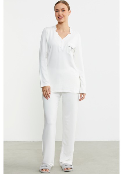 Yarım Düğmeli Cep Detaylı Pijama Takım - Ekru fiyatları